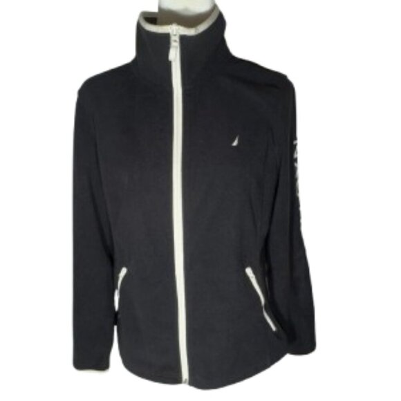 Nautica Women's XL Long Sleeve Black with White PipingTrim Fleece Zipper Jacket - Picture 1 of 6